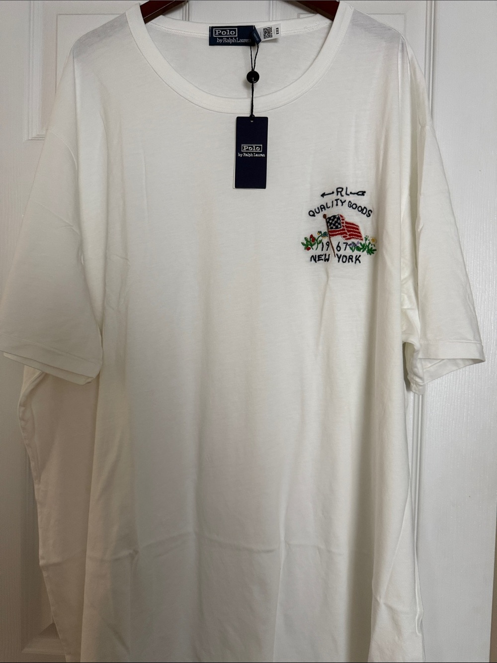 Polo by Ralph Lauren Cream Short Sleeve Tee with Embroidered Flag Chest Motif